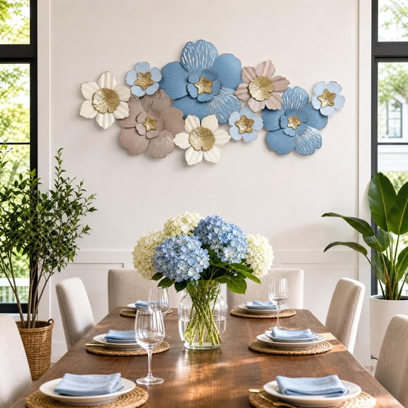 Haven Crest 47x24 Inch 3D Metal Flower Wall Art Blue Gold Decor