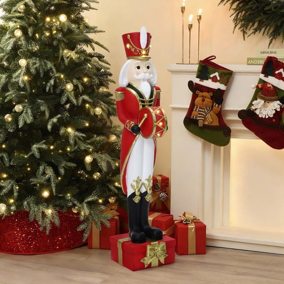 Haven Crest 4FT Nutcracker Drummer Statue on Gift Box Pedestal, Sculpture & Holiday Decor