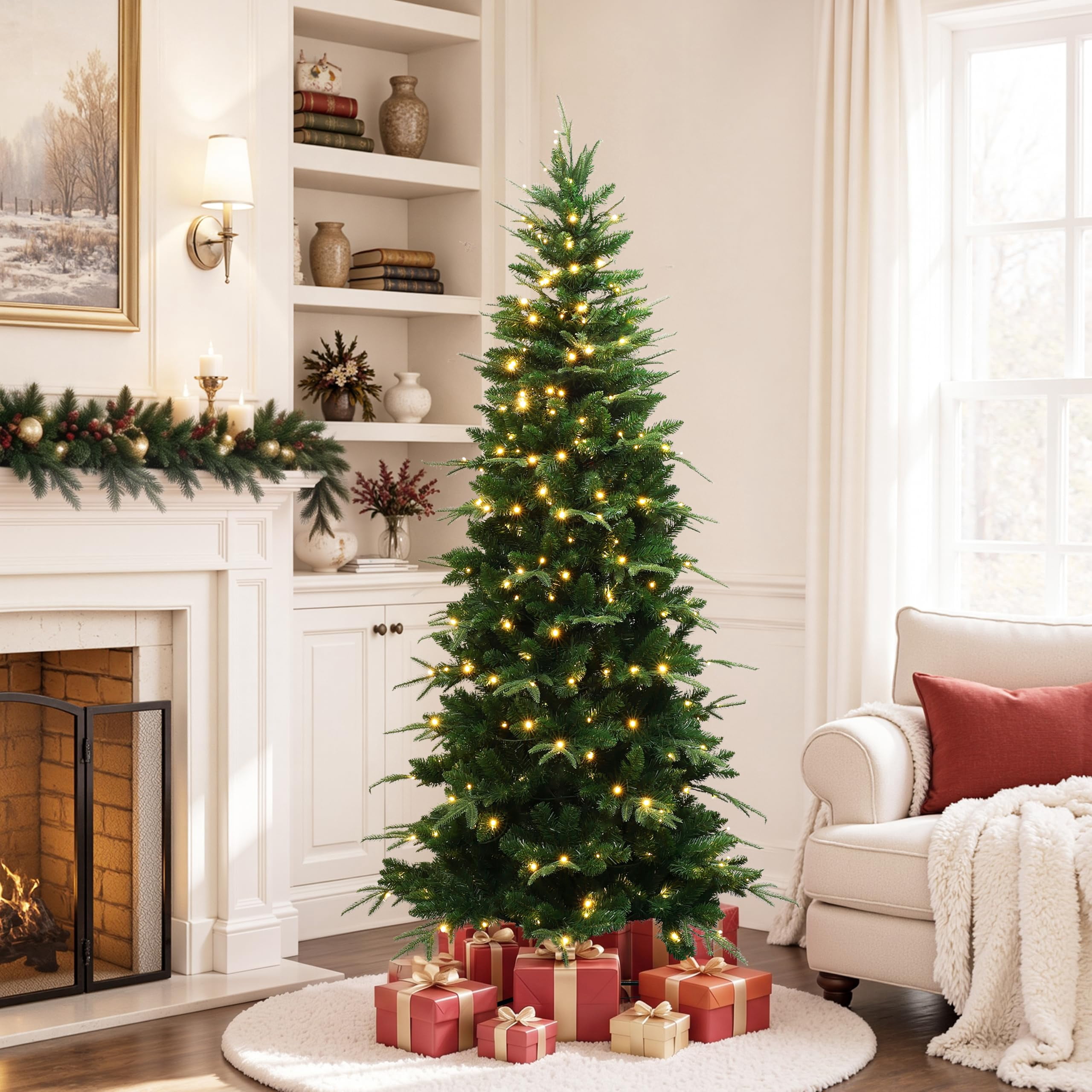 Haven Crest 6FT Pre-Lit Slim Fraser Fir Artificial Christmas Tree, 300 ...
