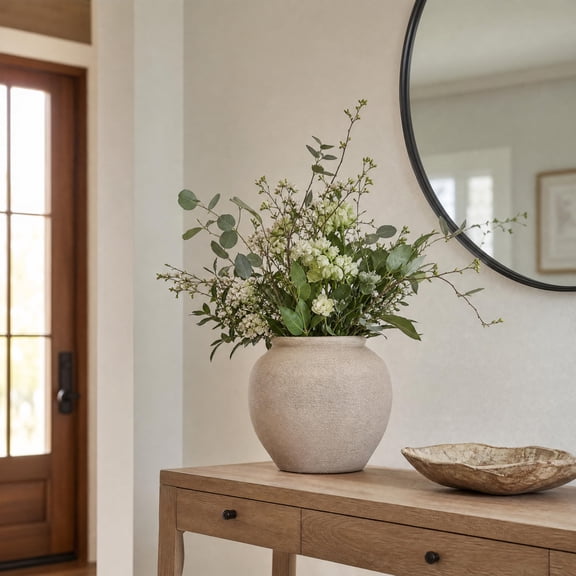 Haven Crest 9.65-Inch Matte Beige Round Terracotta Vase