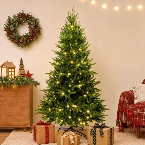 Haven Crest Prelit Artificial Christmas Tree, Lighted Full Spruce, 6 FT