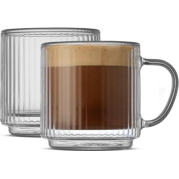 Haven Stackable Fluted Glass Mugs Set of 2, 5.5oz Ribbed Double Wall Glass Coffee Mugs, Stacking Insulated Coffee Cup Set also for Espresso Shot Tea Latte Macchiato Cappuccino