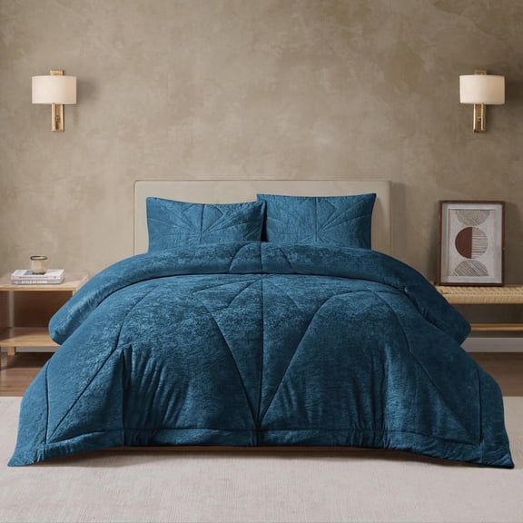 Haven & Willow Gabriel 3-Piece Reversible Crushed Velvet Geometric Quilted Comforter Set, Teal, King