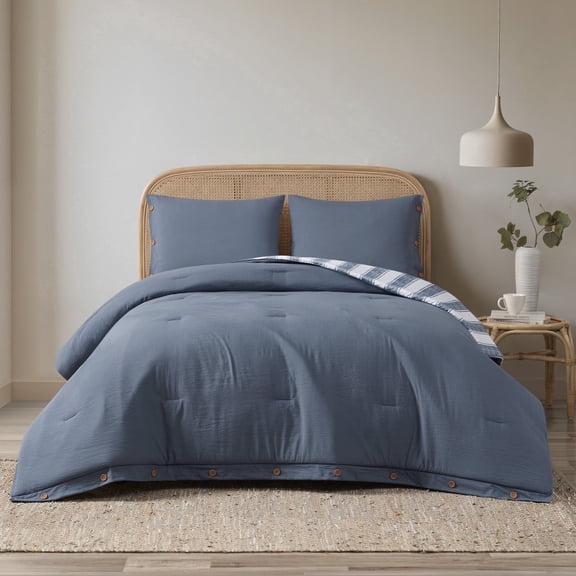 Haven & Willow Lina 3-Piece Reversible Faux Linen Textured Stripe Comforter Set, Chambray, King
