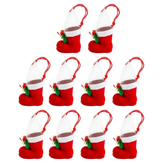 HavenCo Set of 10 Christmas Stocking Shaped Gift Bags with Ribbon Drawstring and Mesh Top for Holiday Party Decoration Storage
