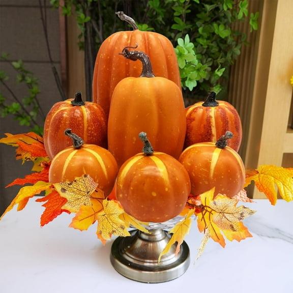 HavenCraft 7 Pcs Assorted Artificial Black Pumpkins Halloween Pumpkins Faux Rustic Decorative Foam Pumpkins for Fall Halloween Thanksgiving Tabletop Centerpiece Mantel Kitchen Decor Orange