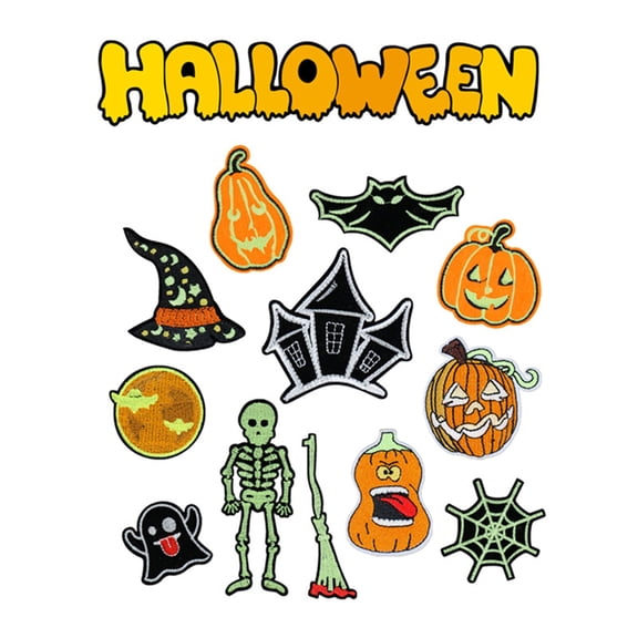 HavenCraft Goth Embellishments Halloween Fabric Patches 12 PCS Luminous Halloween On Scary Movie Embroidered Applique Cool Goth Sew On On for Halloween Clothes Jean Backpacks Orange