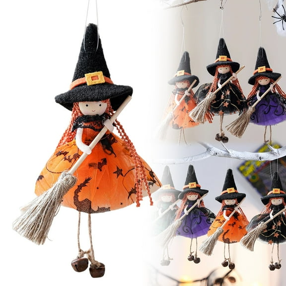 HavenCraft Skirted Hanging Witches Broomstick Dolls Halloween Small Witch Figurine with Skirt Hangable Witch Doll Ornament Doll with Halloween Hanging Decoration for House Room Door and Window Orange