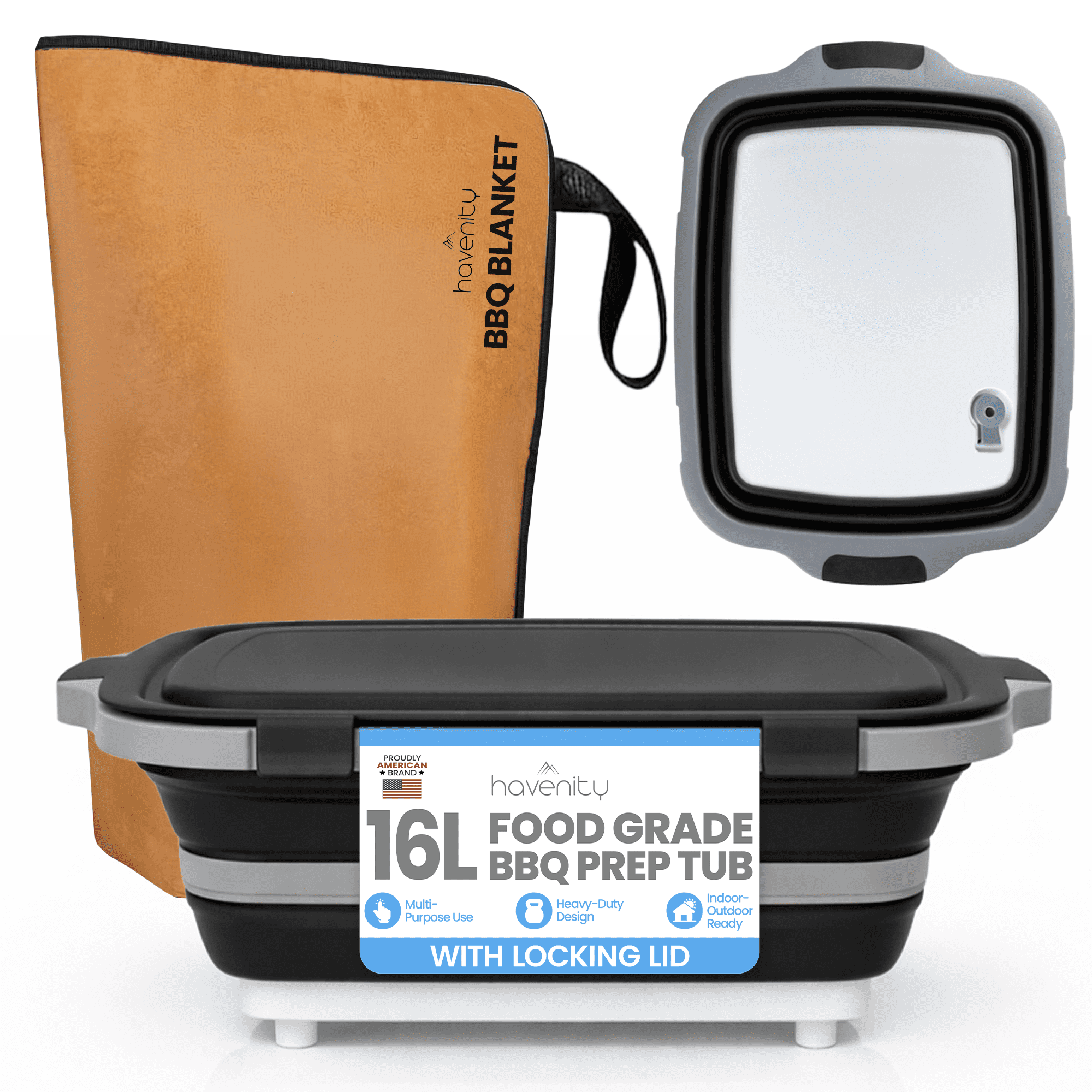 Havenity BBQ Prep Tub 16L - Multifunctional Collapsible Camping Cutting Board with Upgraded Locking lid, Meat Storage Container for Meal Prep, XL with BBQ Blanket