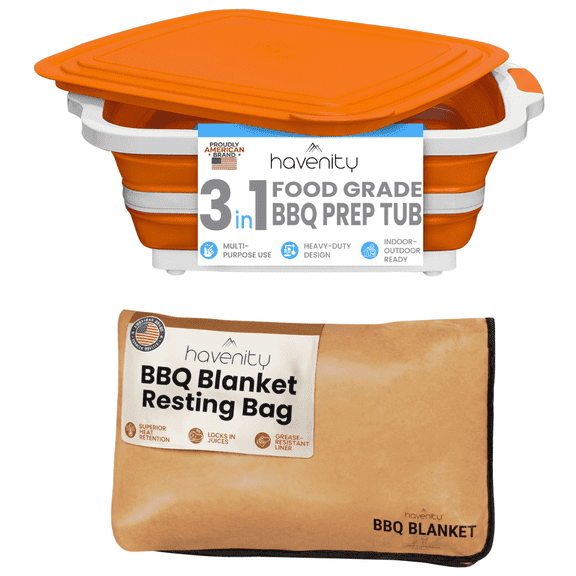 Havenity Collapsible BBQ Prep Tub 16L with BBQ Blanket - For Meal Prep, Marinating, Food Storage - Includes Cutting Board Lid - Orange - XL