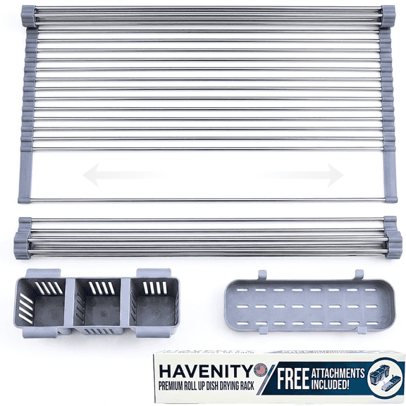 Havenity Roll Up Dish Drying Rack Up to 22.8''with 2 Storage Baskets, Large Dish Racks Multipurpose Foldable Stainless Steel Over Sink Kitchen Drainer Rack for Cups Fruits Vegetables