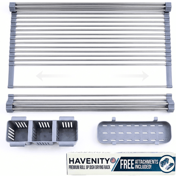 Havenity Roll Up Dish Drying Rack Up to 22.8''with 2 Storage Baskets, Large Dish Racks Multipurpose Foldable Stainless Steel Over Sink Kitchen Drainer Rack for Cups Fruits Vegetables