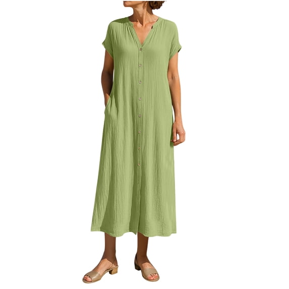 Huoegna Womens Cotton Linen Short Sleeve Maxi Dress Summer Solid Color Button Down Shirt Long Dresses Beach Sundress