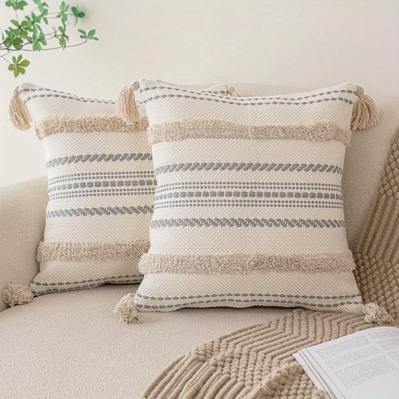 Havenly Set of 2 Boho Throw Pillow Covers, Woven Tufted Farmhouse Pillows with Tassels for Sofa Couch Bed Modern Home Decor, 18x18 inch