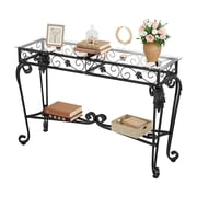 HavenlyYouth Console Table 47.2", Tempered Glass Sofa Tables, Vintage Entryway Table with Metal Frame, Console Tables for Living Room, Entrance, Foyer, Adjustable Feet Black