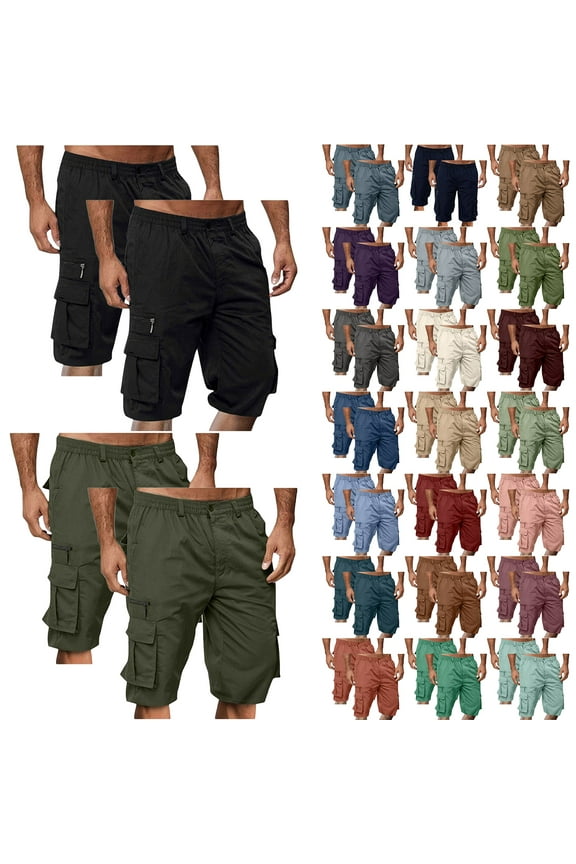2 Pack Cargo Shorts for Men Casual Summer Hiking Pants Elastic Waist Big and Tall Regular Fit Knee Length Multi-Pockets Bermuda Shorts Coffee M