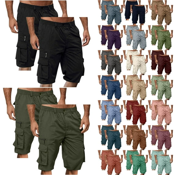 Havenre 2 Pack Cargo Shorts for Men Casual Summer Hiking Pants Elastic Waist Big and Tall Regular Fit Knee Length Multi-Pockets Bermuda Shorts Khaki#01 XXXL