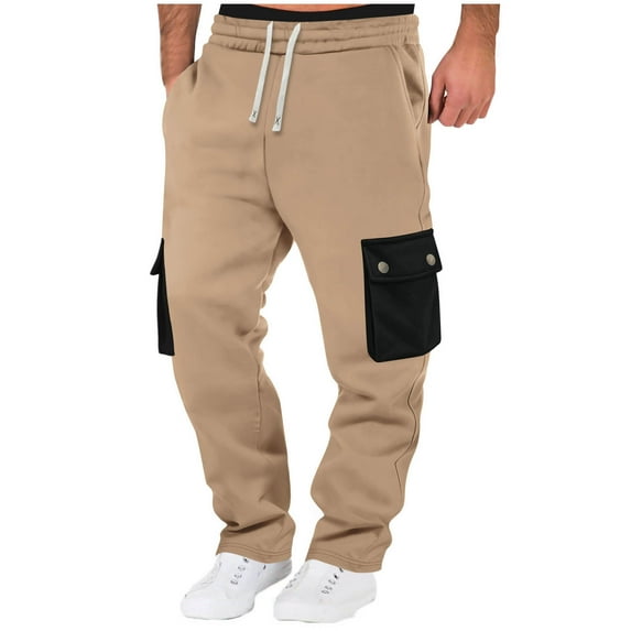 Havenre Baggy Cargo Sweatpants for Men Drawstring Waist Patchwork Color Block Athletic Joggers with Pockets Loose Soft Cozy Sport Jogging Pants Khaki XXXL