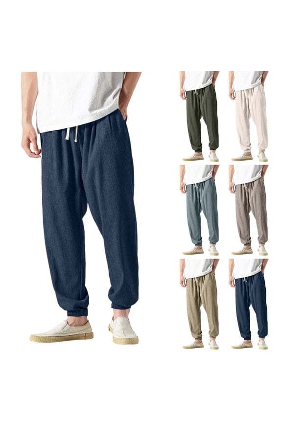 Baggy Linen Sweatpants for Men Lightweight Casual Fashion Drawstring Elastic Waist Solid Clinch Bottom Pants Loose Fit Basic Athletic Joggers with Pockets Light Blue L
