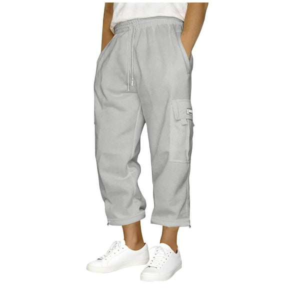 Havenre Cargo Capris Men's Workout Gym Sweat Pants Casual Drawstring Elastic Waist 3/4 Capri Pants Loose Fit Hiking Athletic Running Sweatpants with Pockets Gray L