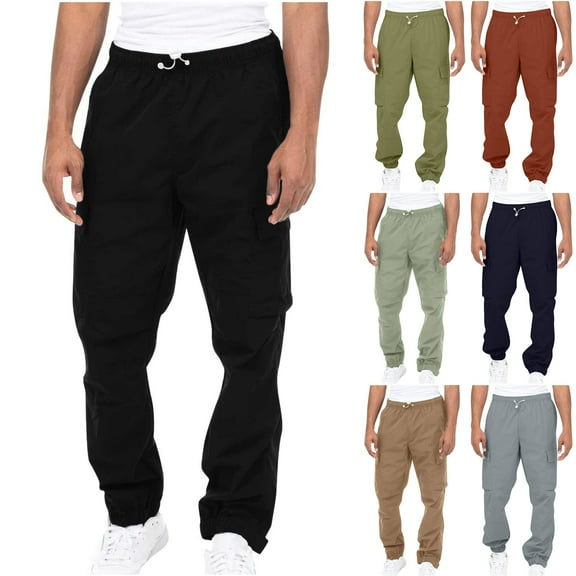 Havenre Cargo Pants for Men Big and Tall Regular Fit Casual Drawstring Elastic Waist Outdoor Joggers Solid Fitness Straight Long Trousers with Multi-Pockets Dark Blue XXXXXL