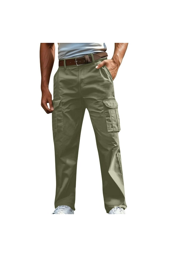 Cargo Pants for Men Casual Cotton Lightweight Relaxed Fit Stretch Elastic Waist Outdoors Work Pants with Multi-Pockets Army Green XXXXL