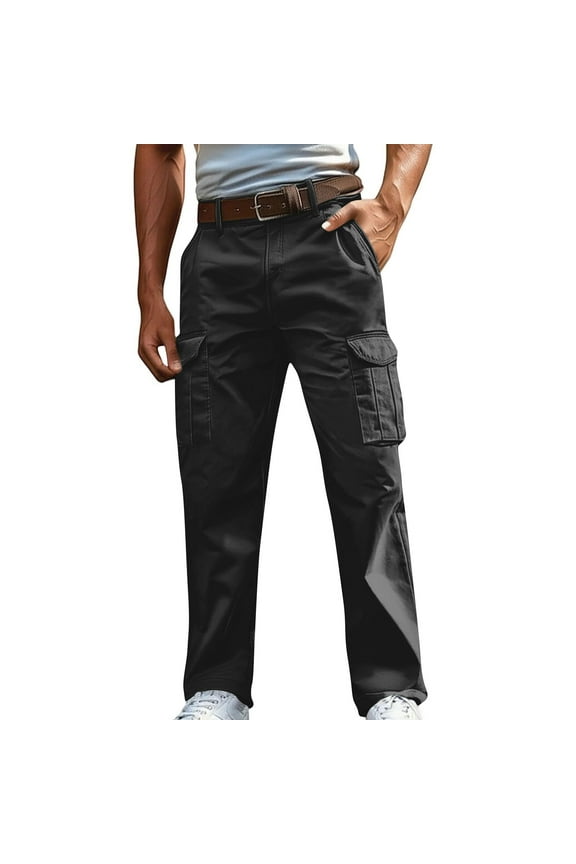 Cargo Pants for Men Casual Cotton Lightweight Relaxed Fit Stretch Elastic Waist Outdoors Work Pants with Multi-Pockets Black XL