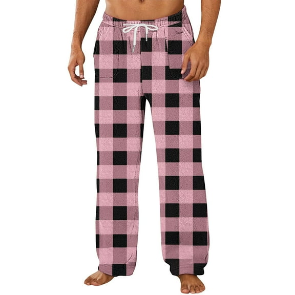 Havenre Christmas Men's Plaid Pajama Pants Casual Drawstring Elastic Waist Xmas Pattern Printed Flannel Pajama Sleep & Lounge PJ Bottoms Warm Sleepwear with Pockets Pink#01 M