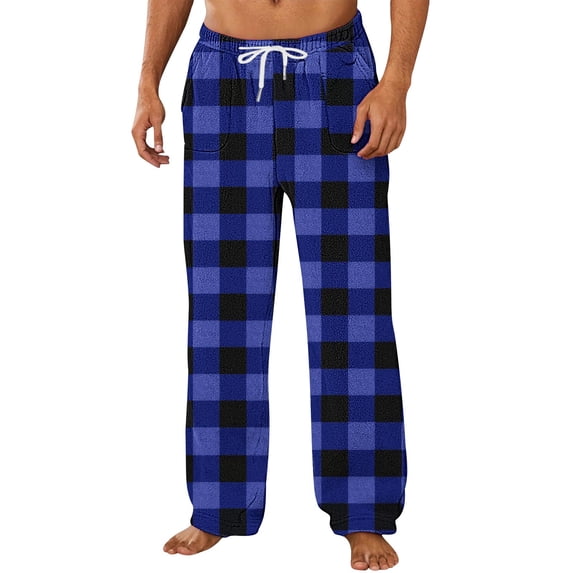 Havenre Christmas Men's Plaid Pajama Pants Casual Drawstring Elastic Waist Xmas Pattern Printed Flannel Pajama Sleep & Lounge PJ Bottoms Warm Sleepwear with Pockets Blue M