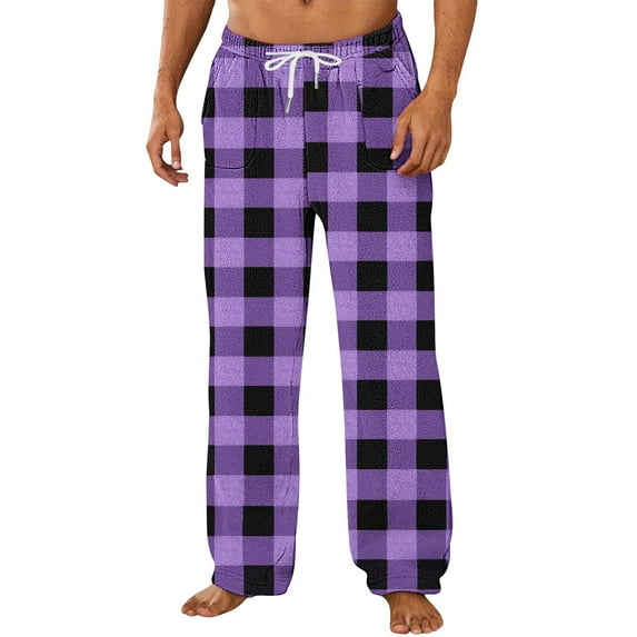 Havenre Christmas Men's Plaid Pajama Pants Casual Drawstring Elastic Waist Xmas Pattern Printed Flannel Pajama Sleep & Lounge PJ Bottoms Warm Sleepwear with Pockets Purple L
