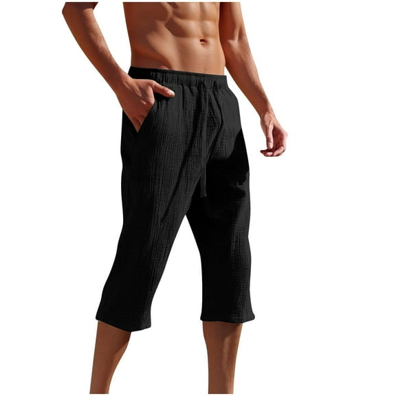 Havenre Fashion Mens Capris Lightweight Casual Summer Drawstring Elastic Waist Soft Cotton Beach Cropped Short Pants with Pockets Black XXL