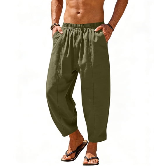 Havenre Fashion Mens Harem Pants Loose Fit Casual Elastic Waist Soft Cotton Cropped Pants Baggy Hippie Boho Beach Yoga Trousers with Pockets Army Green M