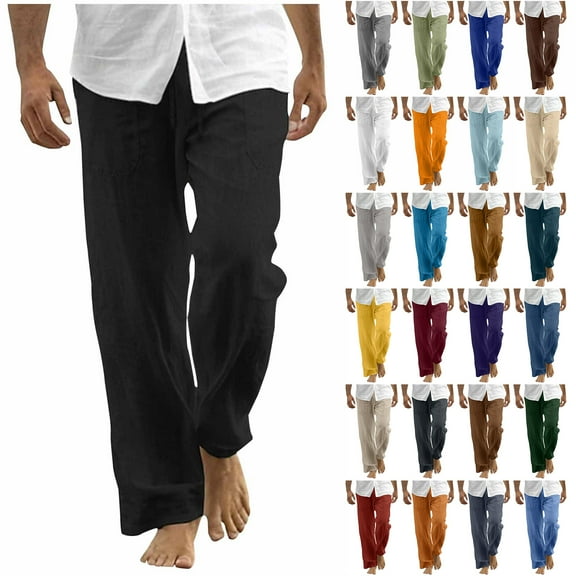 Havenre Linen Pants for Men Big and Tall Regular Fit Casual Drawstring Elastic Waist Baggy Sweatpants Loose Lightweight Comfy Soft Cotton Lounge Trousers with Pockets Black XXXXL