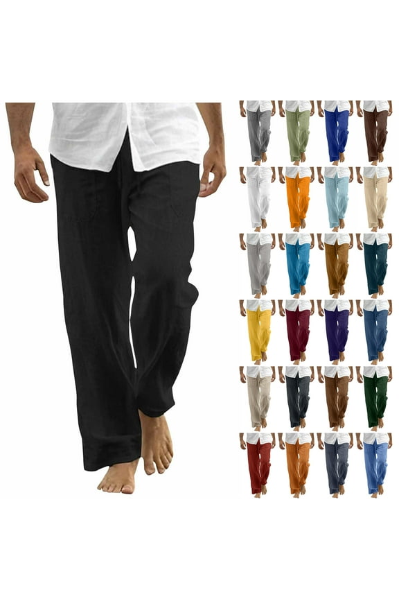 Linen Pants for Men Big and Tall Regular Fit Casual Drawstring Elastic Waist Baggy Sweatpants Loose Lightweight Comfy Soft Cotton Lounge Trousers with Pockets Bronze M
