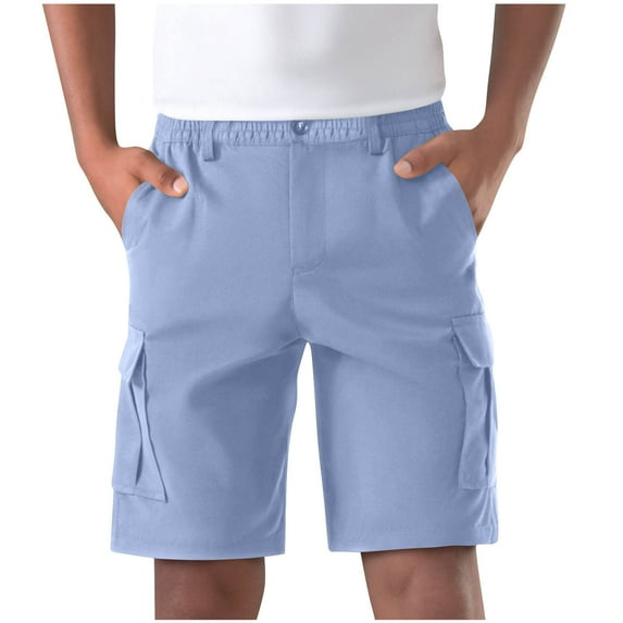 Havenre Long Cargo Shorts for Men with Multi-Pockets Relaxed Fit Casual Knee Length Button Elastic Waist Work Short Pants Loose Straight Leg Athletic Shorts Light Blue XXL