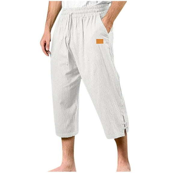 Havenre Long Shorts for Men Lightwieght Casual Loose Linen Shorts Elastic Waist Drawstring Under Knee Length 3/4 Pants Sports Capri Pants with Pockets White M