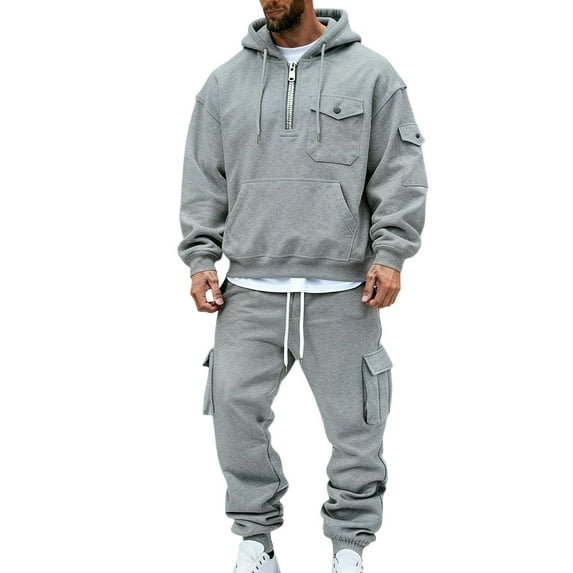 Havenre Men Cargo Tracksuit Set 2 Piece Sets - Lightweight Casual Quarter Zip up Drawstring Tactical Hoodies Pullover Sweatshirts & Cargo Joggers Athletic Sweatsuits with Pockets Gray M
