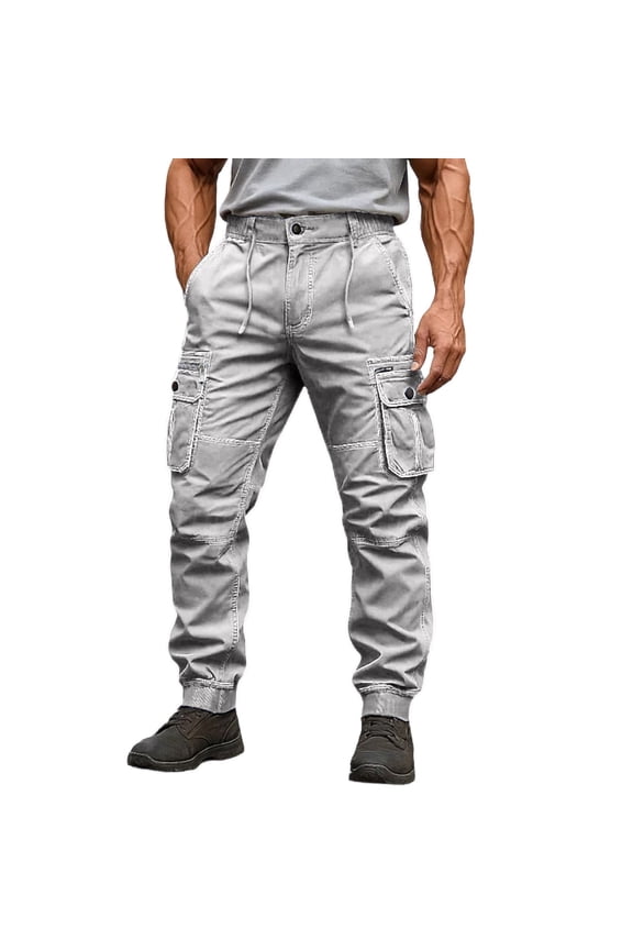 Men Cargo Work Pants Relaxed Fit Drawstring Elastic High Waist Stretch Joggers Waterproof Construction Hiking Loose Baggy Trousers with Multi-Pockets Gray 34