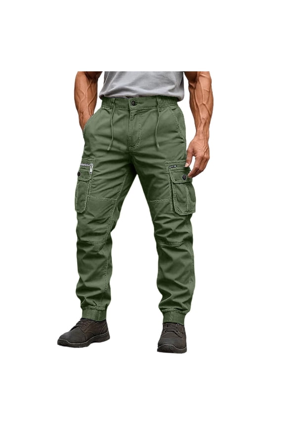 Men Cargo Work Pants Relaxed Fit Drawstring Elastic High Waist Stretch Joggers Waterproof Construction Hiking Loose Baggy Trousers with Multi-Pockets Green 34