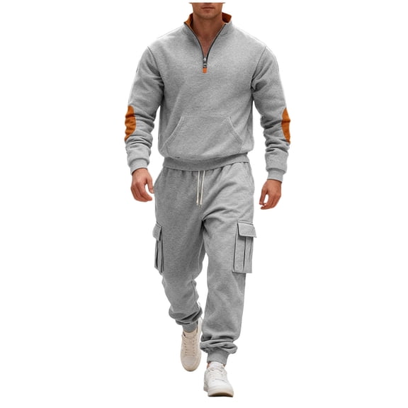 Havenre Men Tracksuit Set 2 Piece Fall Spring Long Sleeve Quarter Zip Stand Collar Tactical Pullover Sweatshirts Drawstring Jogging Cargo Pants Gym Sweat Suits with Multi-Pockets Gray M