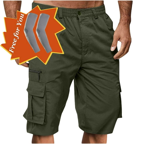 Havenre Men's Capri Long Elastic Cargo Shorts Below Knee Shorts 3/4 Button Elastic High Waist Cotton Cargo Casual Relaxed Fit Shorts with Multi-Pockets Army Green XXL