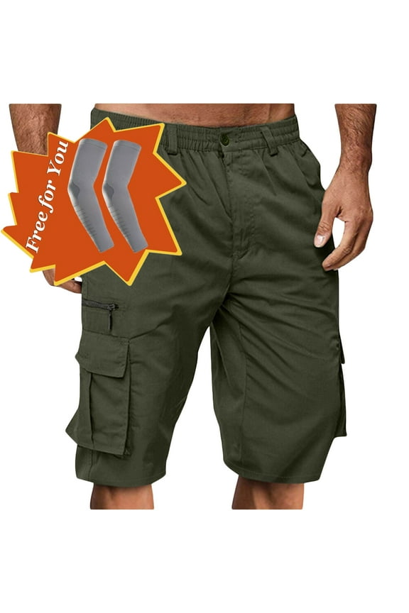 Men's Capri Long Elastic Cargo Shorts Below Knee Shorts 3/4 Button Elastic High Waist Cotton Cargo Casual Relaxed Fit Shorts with Multi-Pockets Army Green XXL