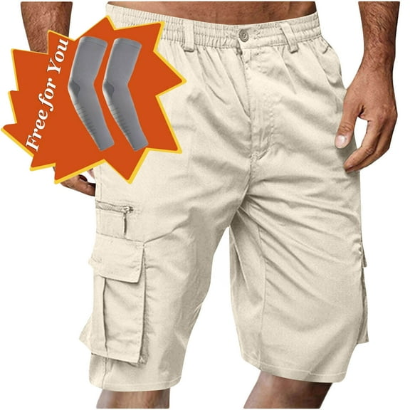 Havenre Men's Capri Long Elastic Cargo Shorts Below Knee Shorts 3/4 Button Elastic High Waist Cotton Cargo Casual Relaxed Fit Shorts with Multi-Pockets Beige L