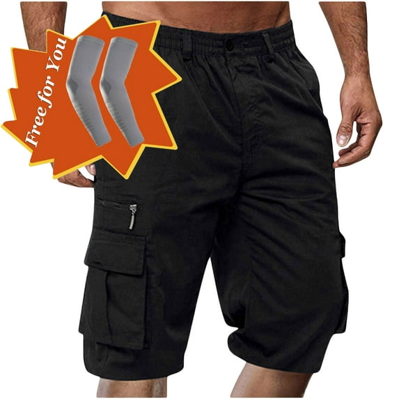 Havenre Men's Capri Long Elastic Cargo Shorts Below Knee Shorts 3/4 Button Elastic High Waist Cotton Cargo Casual Relaxed Fit Shorts with Multi-Pockets Black L