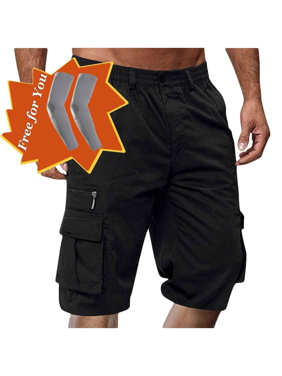 Men's Capri Long Elastic Cargo Shorts Below Knee Shorts 3/4 Button Elastic High Waist Cotton Cargo Casual Relaxed Fit Shorts with Multi-Pockets Black L