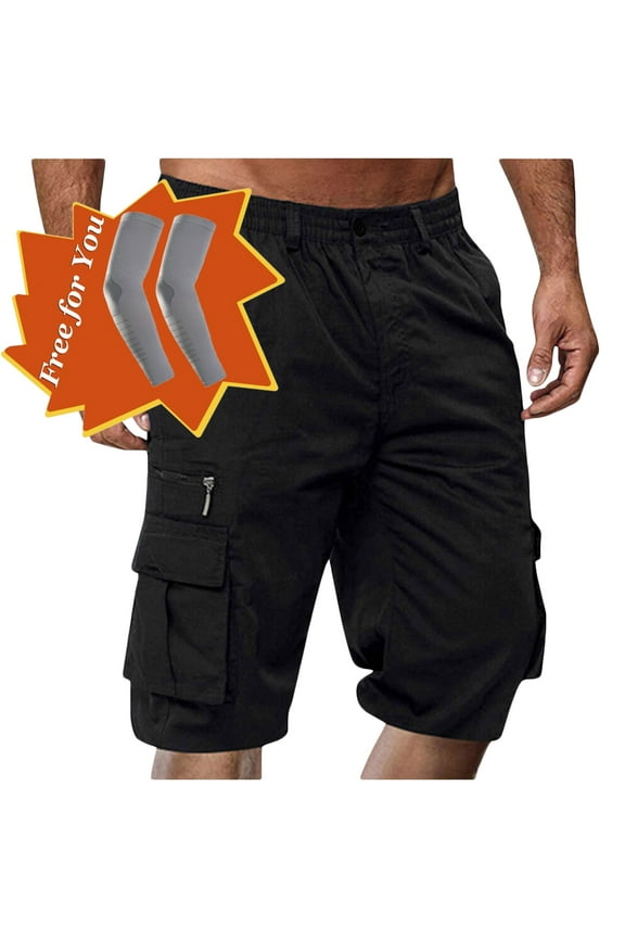 Men's Capri Long Elastic Cargo Shorts Below Knee Shorts 3/4 Button Elastic High Waist Cotton Cargo Casual Relaxed Fit Shorts with Multi-Pockets Black XL