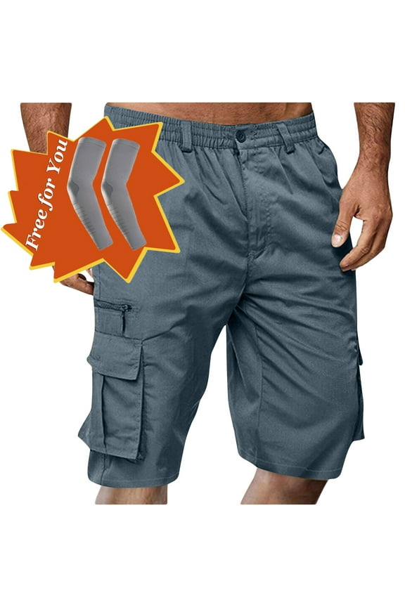 Men's Capri Long Elastic Cargo Shorts Below Knee Shorts 3/4 Button Elastic High Waist Cotton Cargo Casual Relaxed Fit Shorts with Multi-Pockets Blue XL