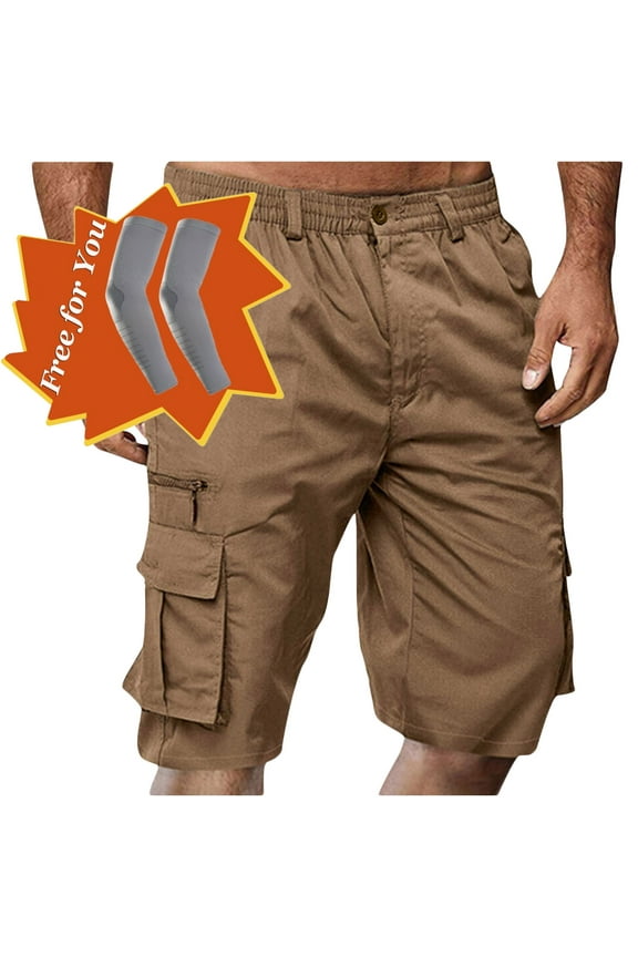 Men's Capri Long Elastic Cargo Shorts Below Knee Shorts 3/4 Button Elastic High Waist Cotton Cargo Casual Relaxed Fit Shorts with Multi-Pockets Brown L