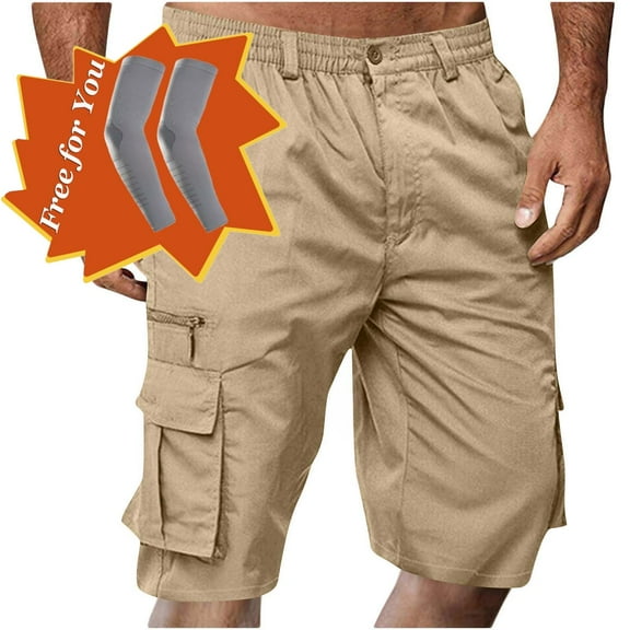 Havenre Men's Capri Long Elastic Cargo Shorts Below Knee Shorts 3/4 Button Elastic High Waist Cotton Cargo Casual Relaxed Fit Shorts with Multi-Pockets Khaki XXL
