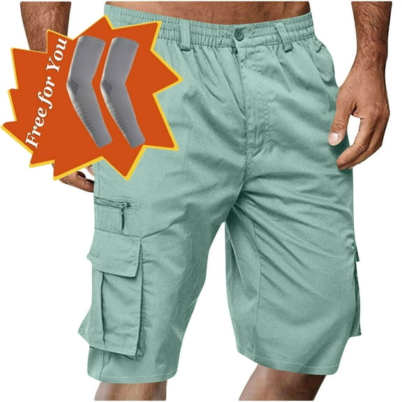 Havenre Men's Capri Long Elastic Cargo Shorts Below Knee Shorts 3/4 Button Elastic High Waist Cotton Cargo Casual Relaxed Fit Shorts with Multi-Pockets Light Blue XXXL